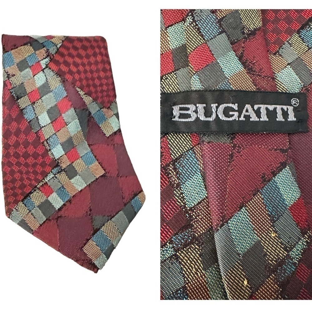 Bugatti Tie Italian Silk Artsy Patchwork Patterned Print Burgandy & Gray 56”x4”